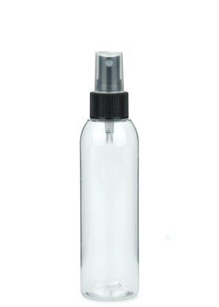 150 ml PET-Flasche transparent, Ø 42,2 mm, Sprühzerstäuber schwarz, geriffelt
