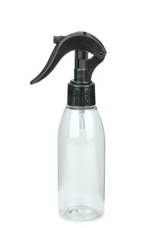 150 ml R-PET-Flasche transparent, Ø 46,2 mm, Mini-Trigger-Sprühzerstäuber schwarz, glatt