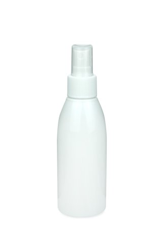 150 ml R-PET-Flasche weiß, Ø 46,2 mm, Sprühzerstäuber weiß, geriffelt