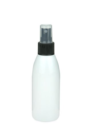 150 ml R-PET-Flasche weiß, Ø 46,2 mm, Sprühzerstäuber schwarz, geriffelt