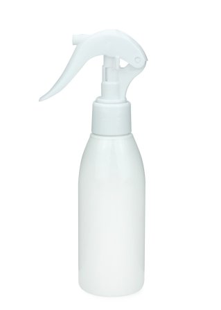 150 ml R-PET-Flasche weiß, Ø 46,2 mm, Mini-Trigger-Sprühzerstäuber weiß, glatt