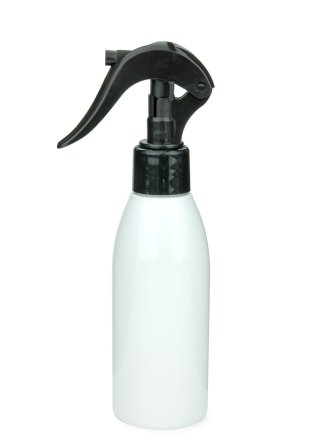 150 ml R-PET-Flasche weiß, Ø 46,2 mm, Mini-Trigger-Sprühzerstäuber schwarz, glatt