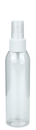 150 ml R-PET-Flasche transparent, Ø 42,2 mm, Sprühzerstäuber weiß, geriffelt