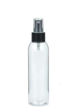 150 ml R-PET-Flasche transparent, Ø 42,2 mm, Sprühzerstäuber schwarz, geriffelt