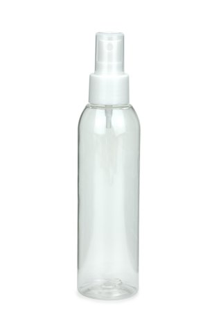 150 ml R-PET-Flasche transparent, Ø 42,2 mm, Sprühzerstäuber weiß, glatt
