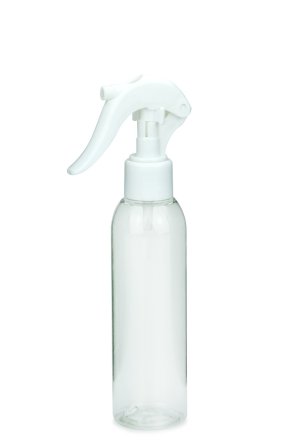 150 ml R-PET-Flasche transparent, Ø 42,2 mm, Mini-Trigger-Sprühzerstäuber weiß