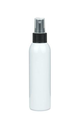 150 ml R-PET-Flasche weiß, Ø 42,2 mm, Sprühzerstäuber schwarz, geriffelt