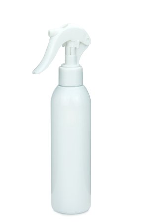 150 ml R-PET-Flasche weiß, Ø 42,2 mm, Mini-Trigger-Sprühzerstäuber weiß