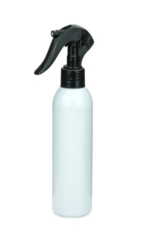 150 ml R-PET-Flasche weiß, Ø 42,2 mm, Mini-Trigger-Sprühzerstäuber schwarz
