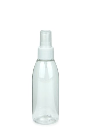 150 ml PET-Flasche transparent, Ø 46,2 mm, Sprühzerstäuber weiß, geriffelt