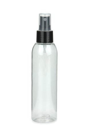 150 ml PET-Flasche transparent, Ø 42,2 mm, Sprühzerstäuber schwarz, glatt