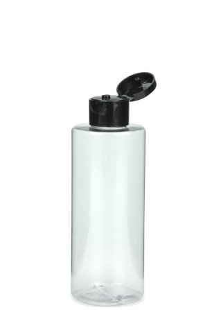 200 ml PETG-Flasche transparent, Ø 50,0 mm, Klappverschluss schwarz