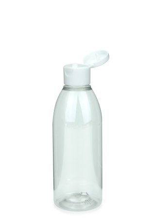 200 ml R-PET-Flasche transparent, Ø 50,4 mm, Klappverschluss weiß