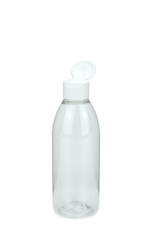 200 ml R-PET-Flasche transparent, Ø 50,4 mm, Klappverschluss, Softline matt weiß