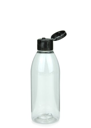 200 ml R-PET-Flasche transparent, Ø 50,4 mm, Klappverschluss schwarz