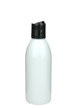 200 ml R-PET-Flasche weiß, Ø 50,4 mm, Disc-Top-Verschluss schwarz