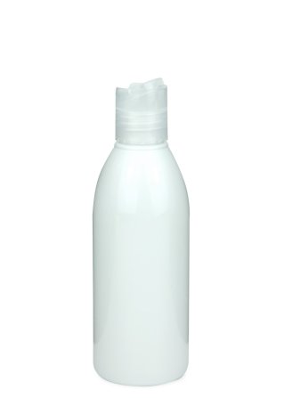 200 ml R-PET-Flasche weiß, Ø 50,4 mm, Disc-Top-Verschluss transparent
