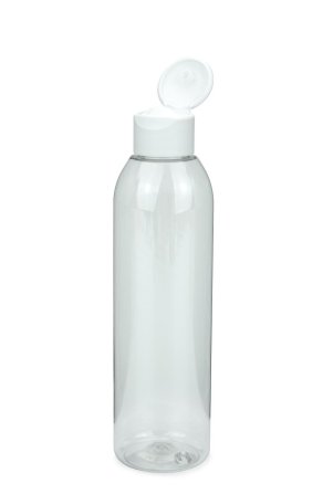 200 ml R-PET-Flasche transparent, Ø 45,8 mm, Klappverschluss, Softline matt weiß