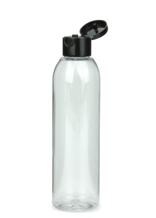 200 ml R-PET-Flasche transparent, Ø 45,8 mm, Klappverschluss schwarz