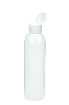 200 ml R-PET-Flasche weiß, Ø 45,8 mm, Klappverschluss, Softline matt weiß