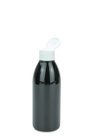 200 ml PET-Flasche schwarz, Ø 50,4 mm, Klappverschluss, Softline matt weiß