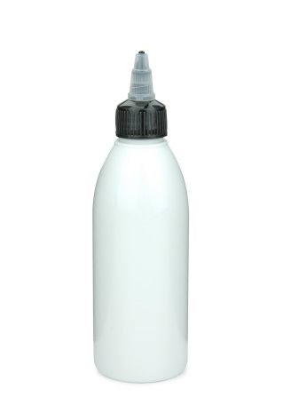 200 ml R-PET-Dosierflasche weiß, Ø 50,4 mm, On/Off-Verschluss (schwarz/transparent)
