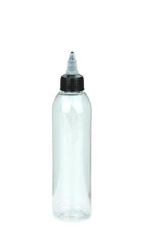 200 ml PET-Dosierflasche transparent, Ø 45,8 mm, On/Off-Verschluss (schwarz/transparent)