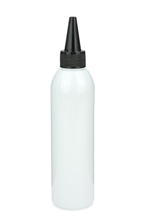 200 ml R-PET-Dosierflasche weiß, Ø 45,8 mm, Schraubkappe schwarz