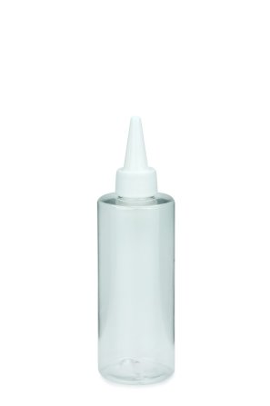 200 ml PETG-Dosierflasche transparent, Ø 50,0 mm, Schraubkappe weiß