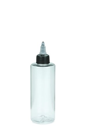 200 ml PETG-Dosierflasche transparent, Ø 50,0 mm, On/Off-Verschluss (schwarz/transparent)