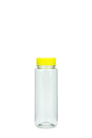 200 ml R-PET-Smoothie-Flasche transparent, Ø 48,0 mm, Verschluss gelb