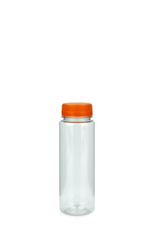 200 ml R-PET-Smoothie-Flasche transparent, Ø 48,0 mm, Verschluss orange