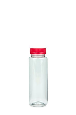 200 ml PET-Weithals-Smoothie-Flasche transparent, Ø 48,0 mm, Verschluss rot