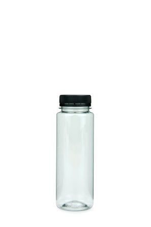 200 ml PET-Weithals-Smoothie-Flasche transparent, Ø 48,0 mm, Verschluss schwarz