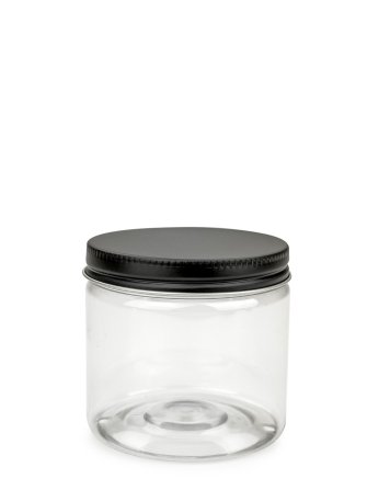 200 ml PET-Cylindrical Zylinderdose klar (70/400) – Alu-Deckel schwarz-silber, matt, EPE-Einlage