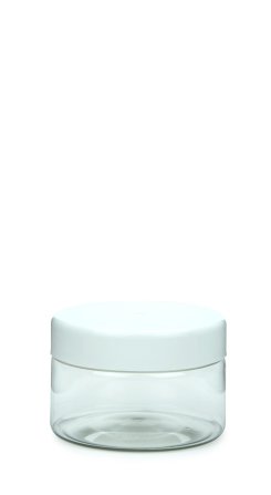 200 ml PET-Weithalstiegel 82 klar, rund (82 RTS) – Deckel weiß, glänzend, Dichtkonus