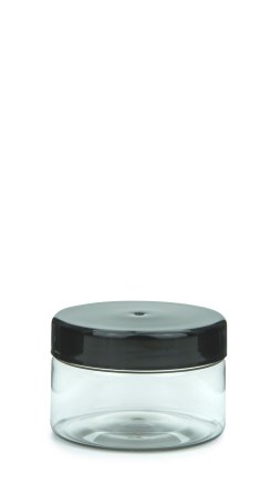 200 ml PET-Weithalstiegel 82 klar, rund (82 RTS) – Deckel schwarz, glänzend, Dichtkonus