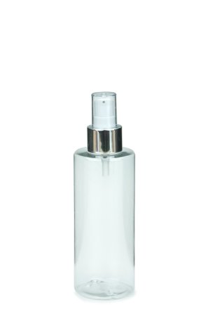 200 ml PETG-Flasche transparent, Ø 50,0 mm, Lotionpumpe weiß/Metall