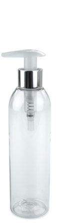 200 ml PET-Flasche transparent, Ø 45,8 mm, Seifenpumpe natur/Metall