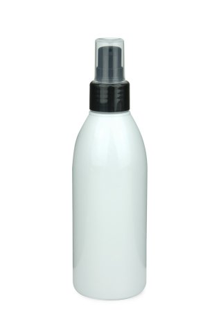 200 ml R-PET-Flasche weiß, Ø 50,4 mm, Lotionpumpe schwarz