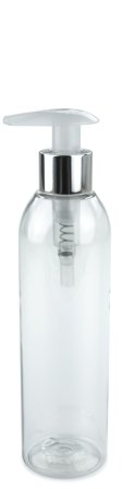200 ml R-PET-Flasche transparent, Ø 45,8 mm, Seifenpumpe natur/Metall