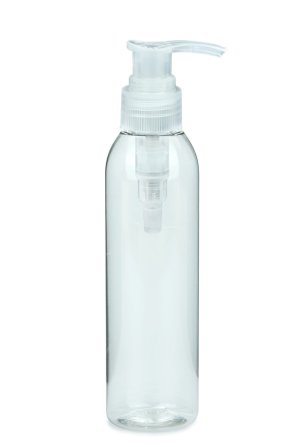 200 ml R-PET-Flasche transparent, Ø 45,8 mm, Seifenpumpe natur