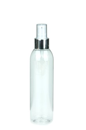 200 ml R-PET-Flasche transparent, Ø 45,8 mm, Lotionpumpe weiß/Metall