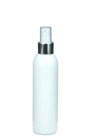 200 ml R-PET-Flasche weiß, Ø 45,8 mm, Lotionpumpe weiß/Metall