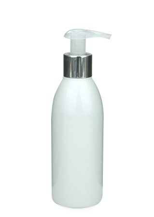 200 ml PET-Flasche weiß, Ø 50,4 mm, Seifenpumpe natur/Metall