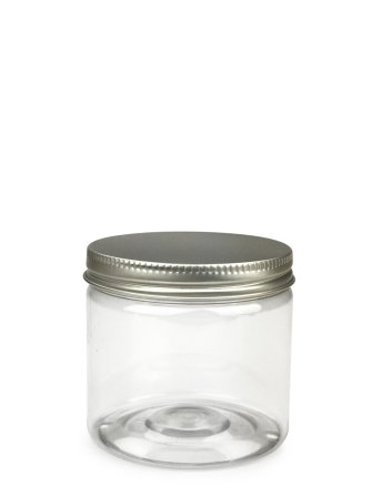 200 ml R-PET-Cylindrical Zylinderdose klar (70/400) – Alu-Deckel silber, glänzend, EPE-Einlage