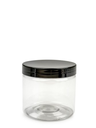 200 ml R-PET-Cylindrical Zylinderdose klar (70/400) – Deckel schwarz, glänzend, Dichtkonus