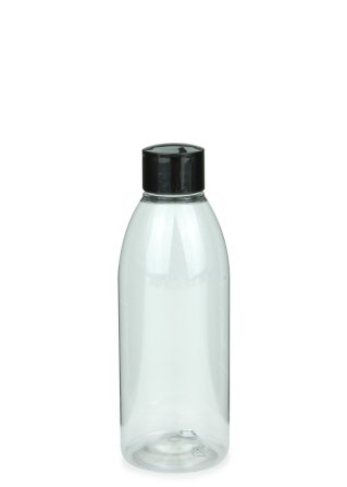200 ml R-PET-Flasche transparent, Ø 50,4 mm, Schraubverschluss schwarz