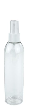 200 ml PET-Flasche transparent, Ø 45,8 mm, Sprühzerstäuber weiß, geriffelt
