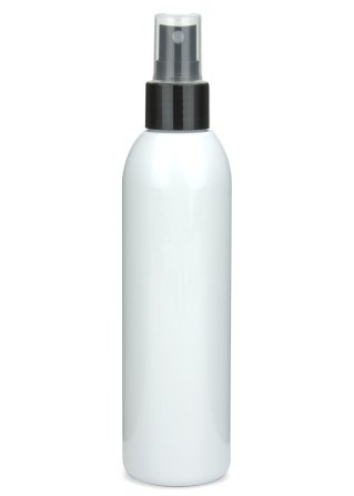 200 ml PET-Flasche weiß, Ø 45,8 mm, Sprühzerstäuber schwarz, glatt